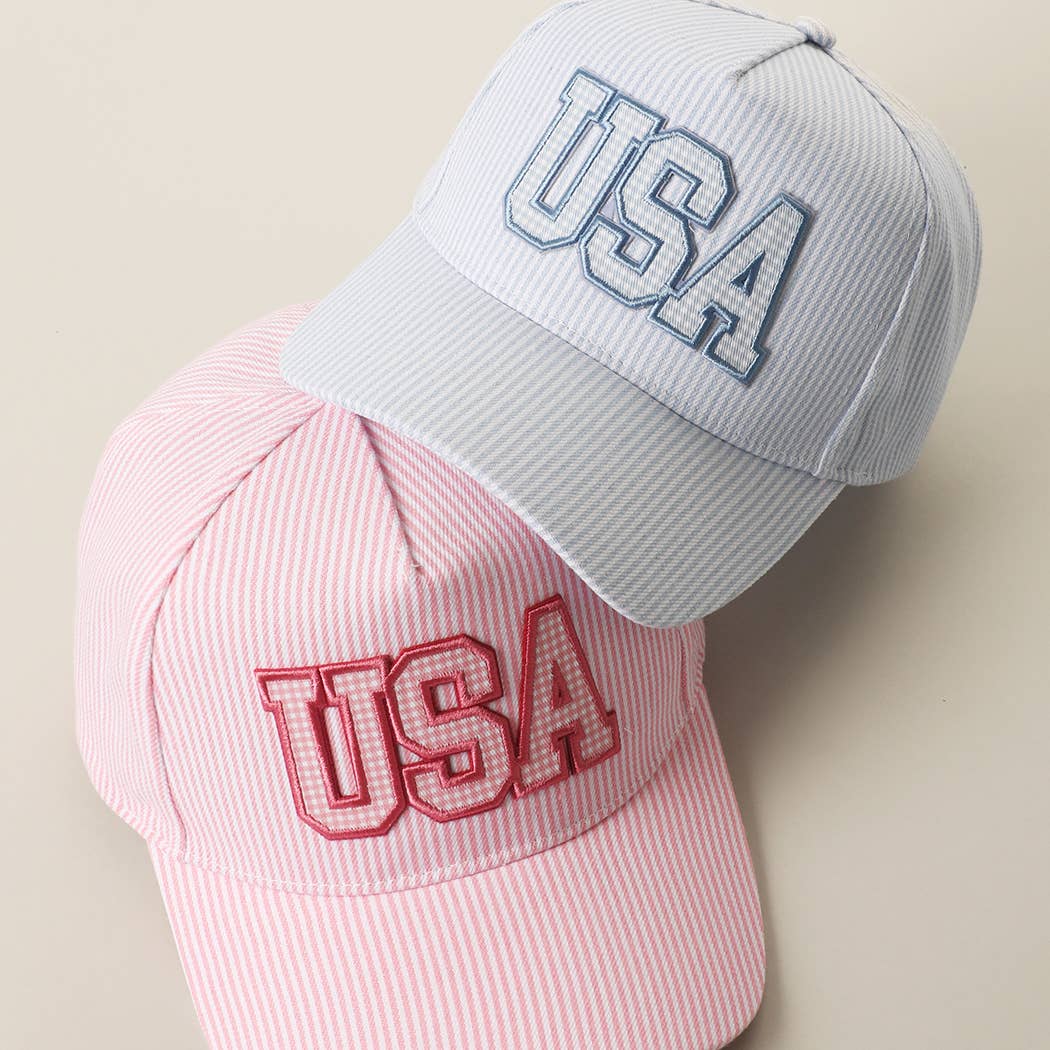USA Embroidered Patch Gingham Stripe Trucker Hat