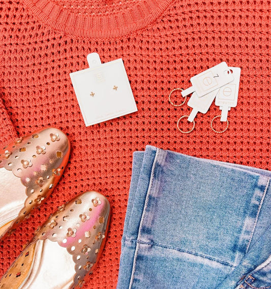 Terracotta Cutie Waffle Short Sleeve Sweater