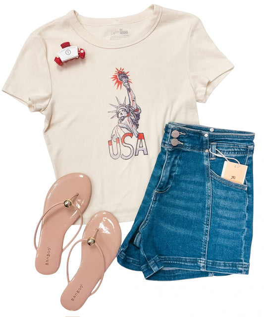4th of July Miss Liberty Off White Micro Cropped Tee