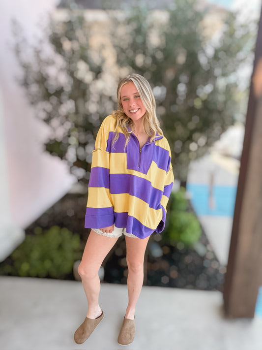 Purple & Gold Varsity Stripe Zip Pullover
