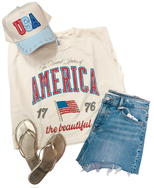 4th of July USA America Wave Arch Off White Tank