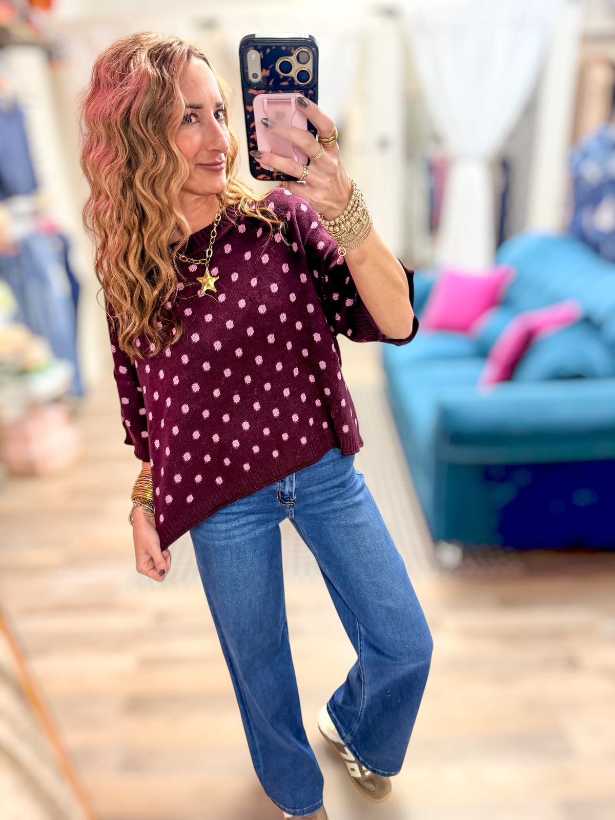 Sadie Burgundy Polka Dot SS Sweater