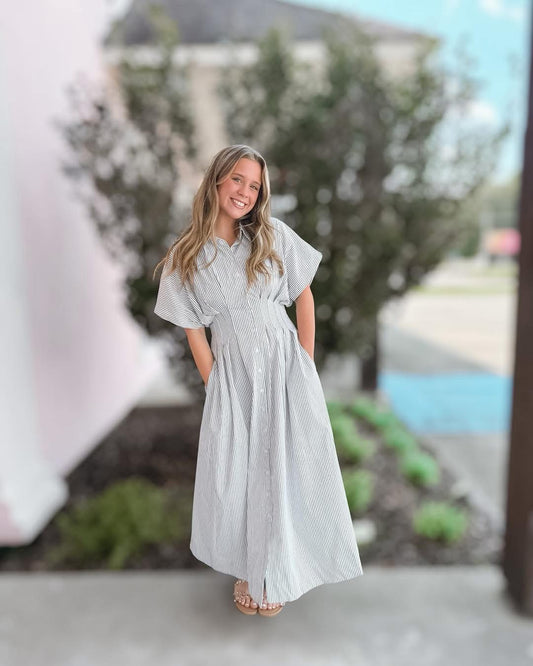 She’s A Doll Pinstripe Button Up Midi Dres