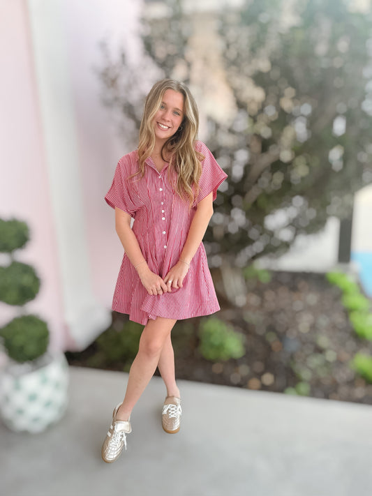 Pleats To Meet You Striped Shirt Dress Red