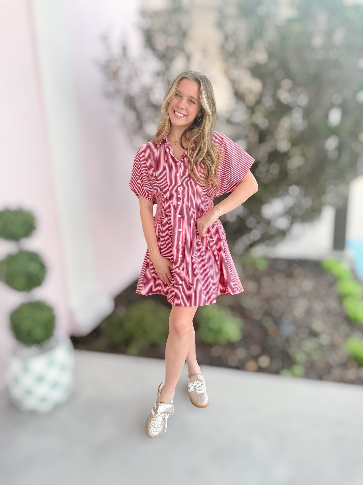Pleats To Meet You Striped Shirt Dress Red