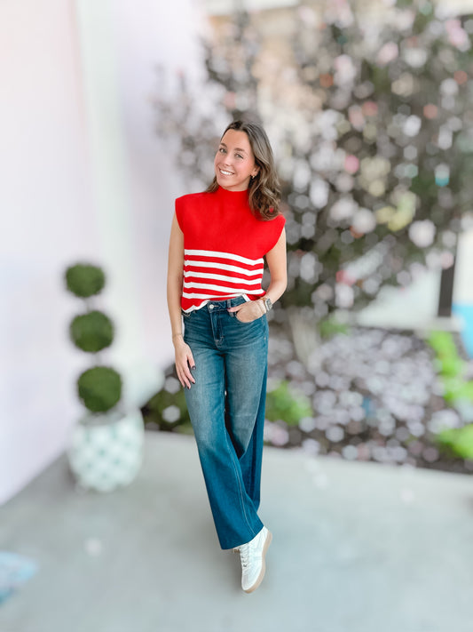 Red Striped Mock Neck Sleeveless Sweater