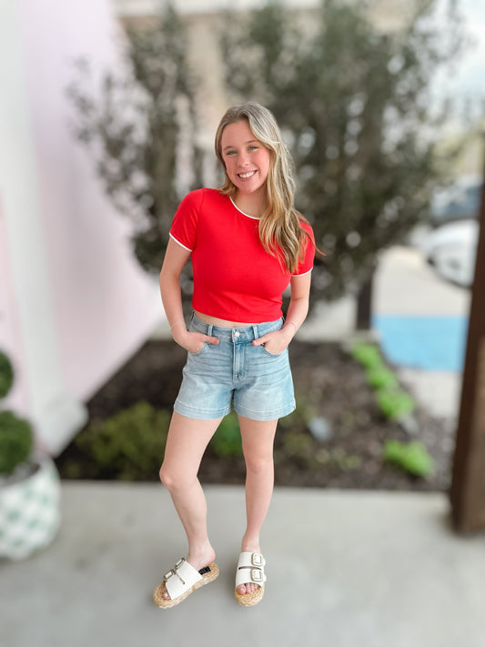Red Mini Scallop Baby Tee