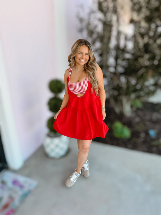 Red Gingham Print Double Layered Play Dress