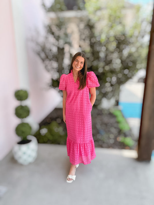 Happy Are We Hot Pink Eyelet Maxi Dress