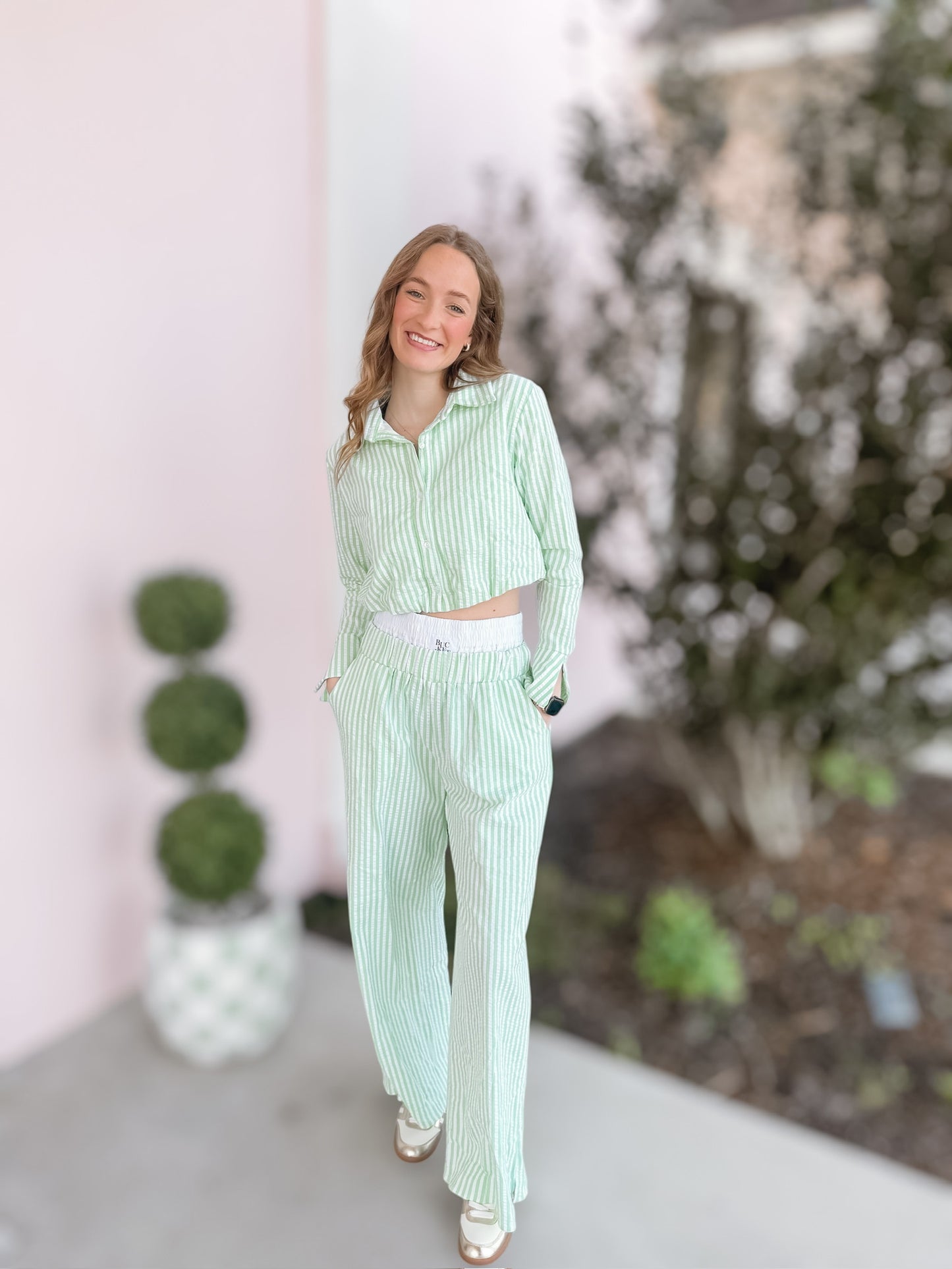 Sage Striped Seersucker Crop Shirt Top