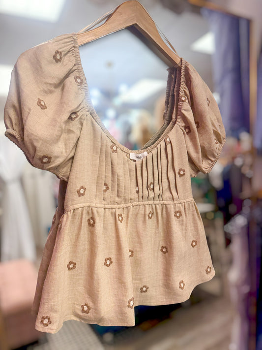Taupe Embroidered Daisy Pleated Blouse