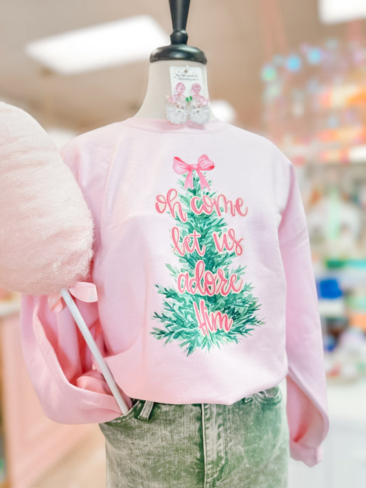 OH Come Let Us Adore Him Pink Crewneck