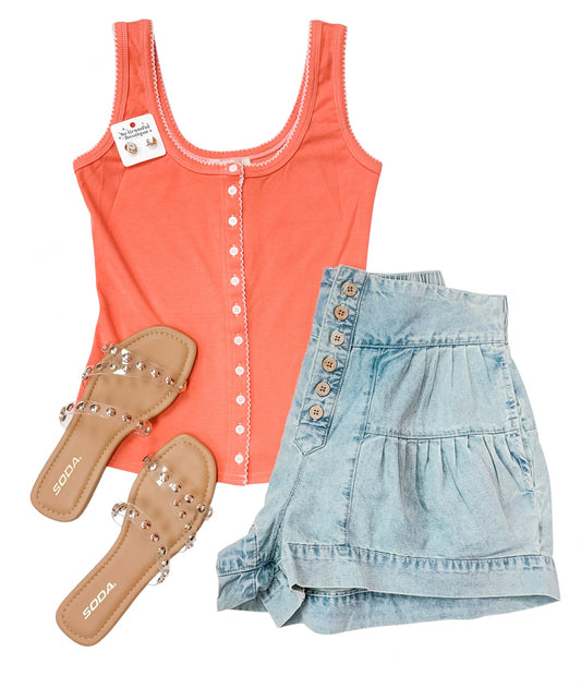 Carol Ann Contrast Stitch Top in Coral