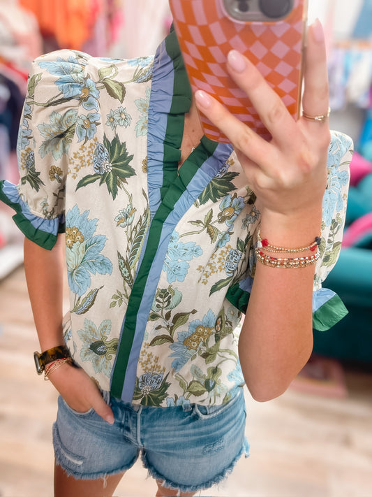 Poppy Ruffle Green Floral Top