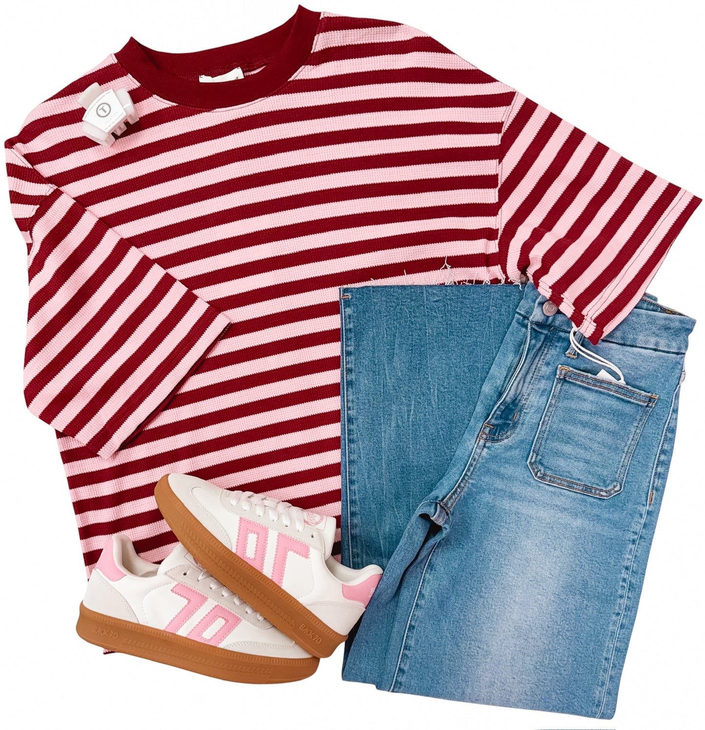 Burgundy Kisses Striped Ribbed SS Top