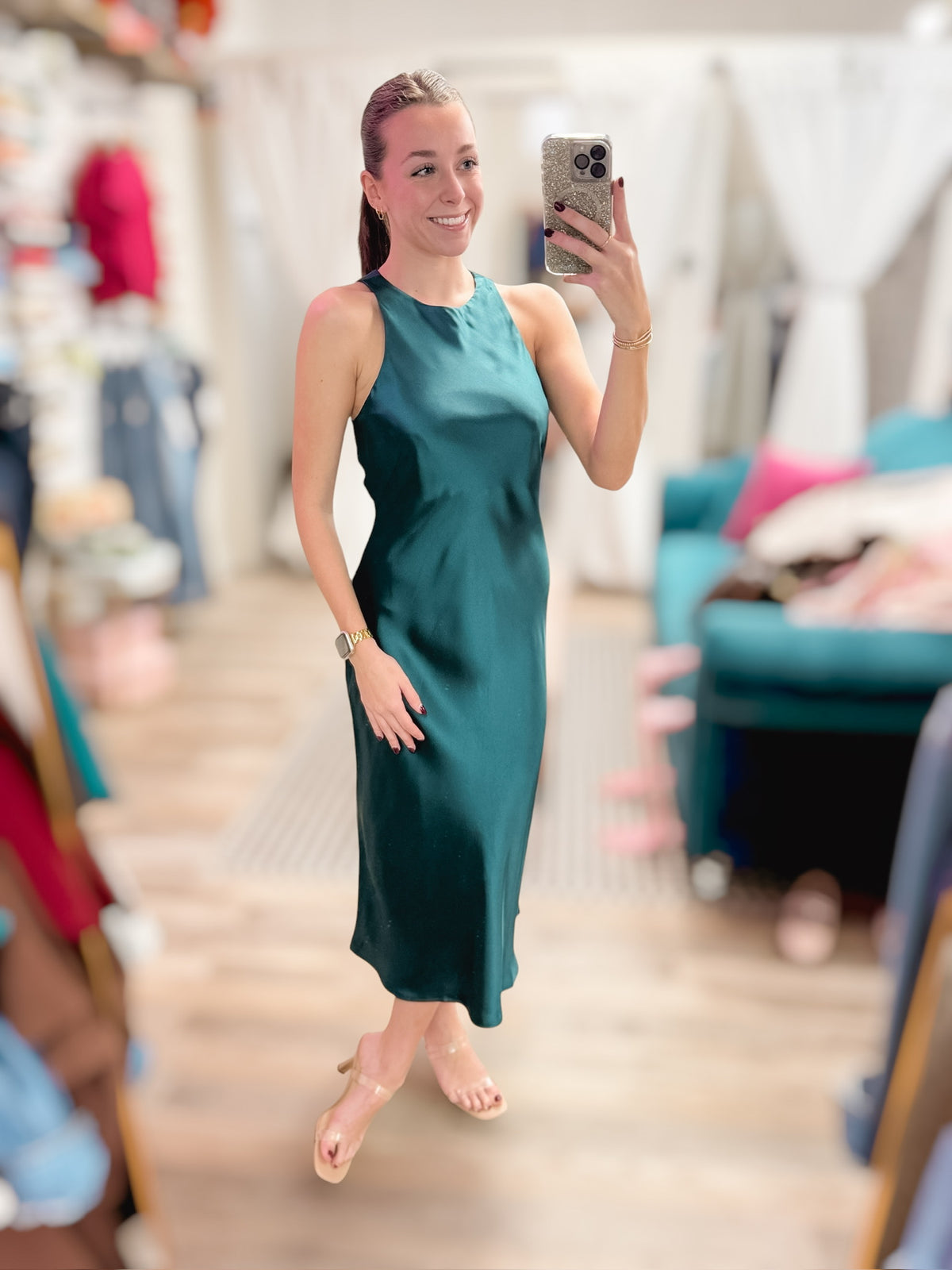 After Hours Teal Satin Dress