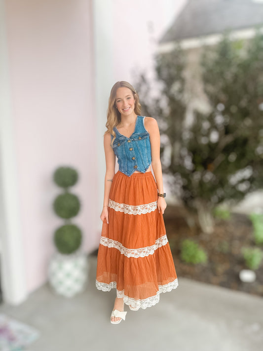 Rust Lace Tiered Maxi Skirt