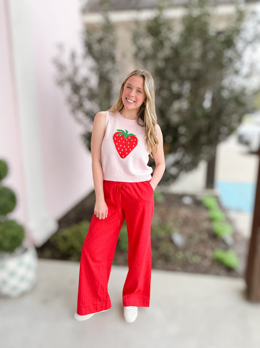 Strawberry Red Linen Drawstring Pants