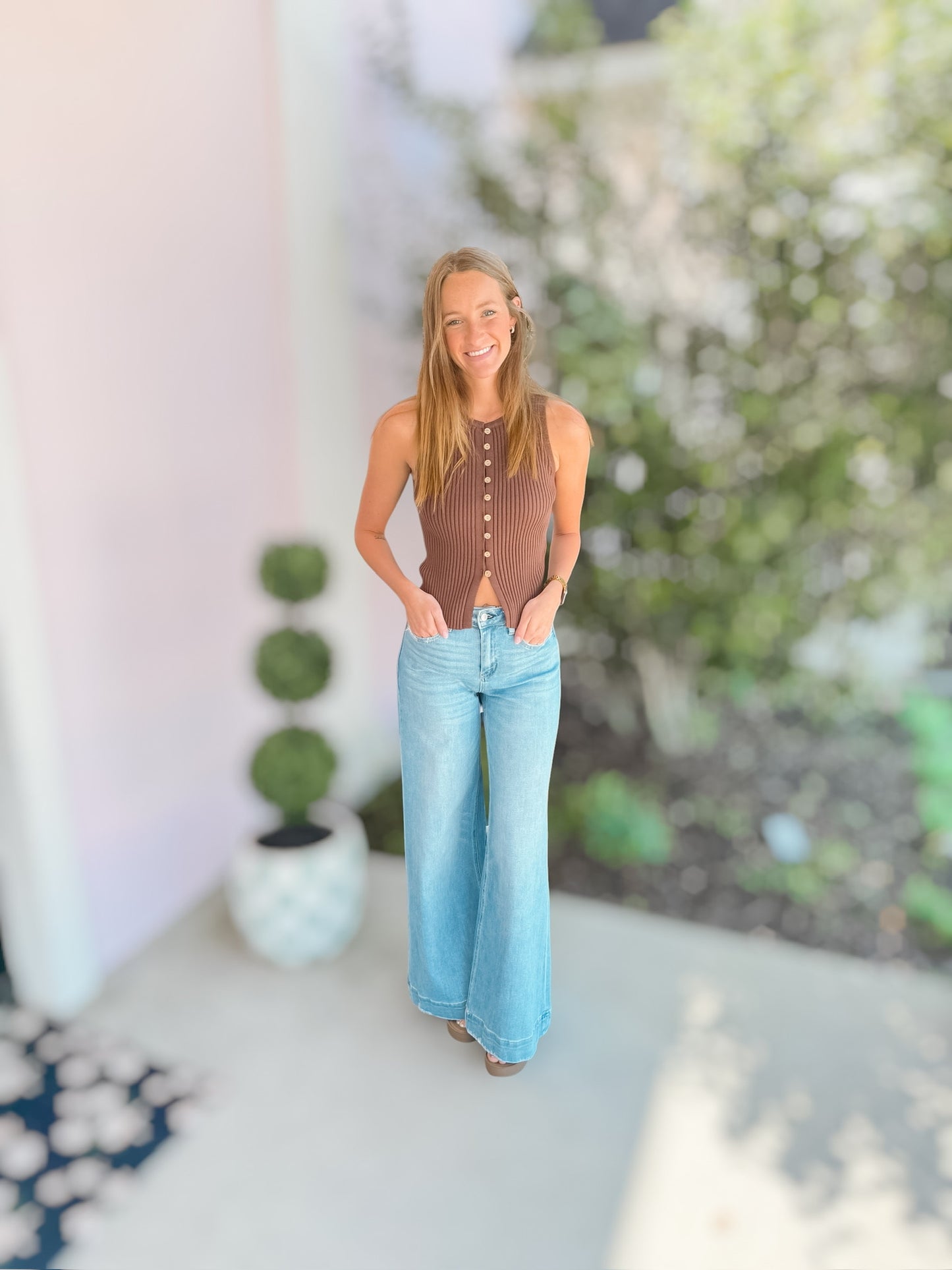 Chocolate Ribbed Sleeveless Button Sweater