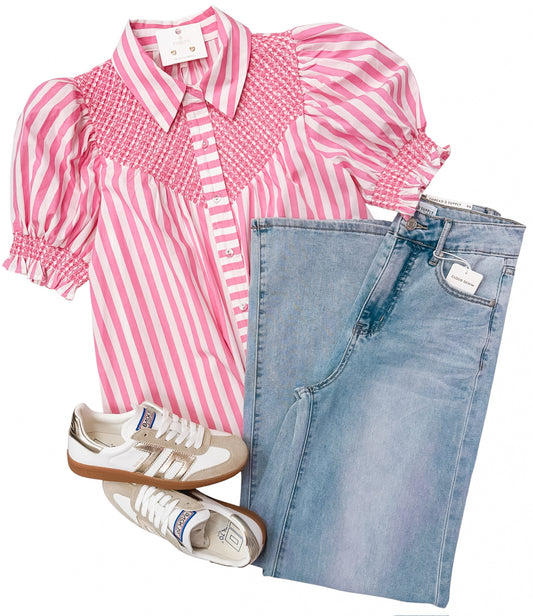 Pink Candy Stripe SS Button Up Blouse