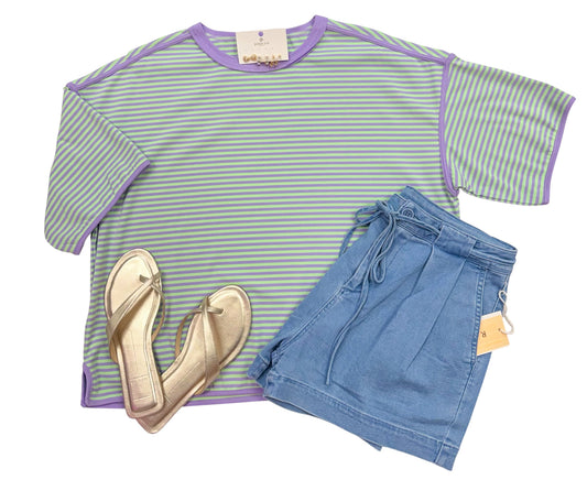 Mint & Lavender Striped Oversized Knit Top