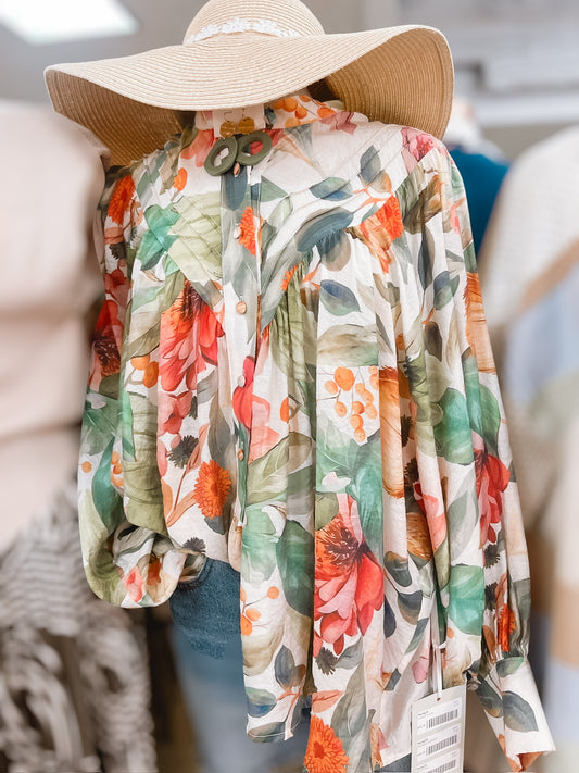 Forest Bloom Printed LS Button Down Blouse