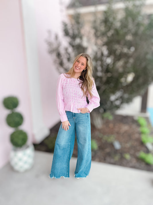 Pink Treasure Striped Smocked Blouse