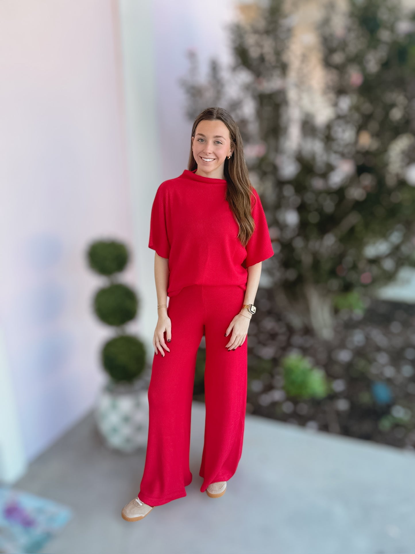 Swedan Mock Neck Short Sleeve & Pant Set Ruby