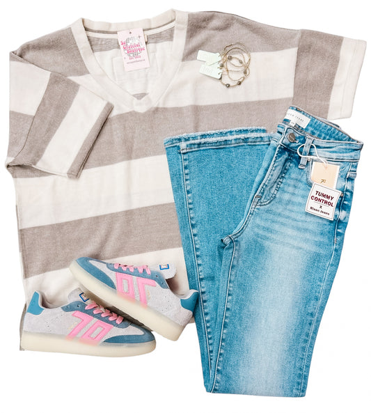 Taupe Striped Boyfriend Tee