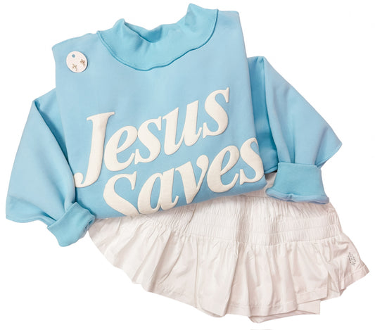 JESUS SAVES Blue Mock Neck Sweatshirt