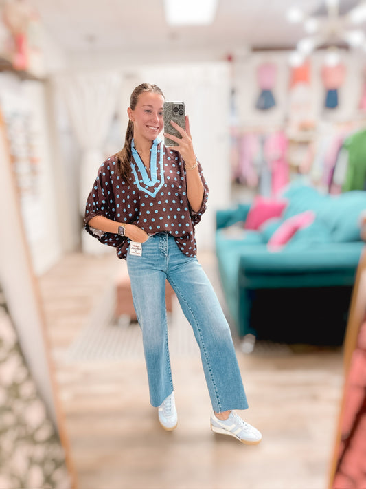 Blue & Brown Confetti Vneck Blouse