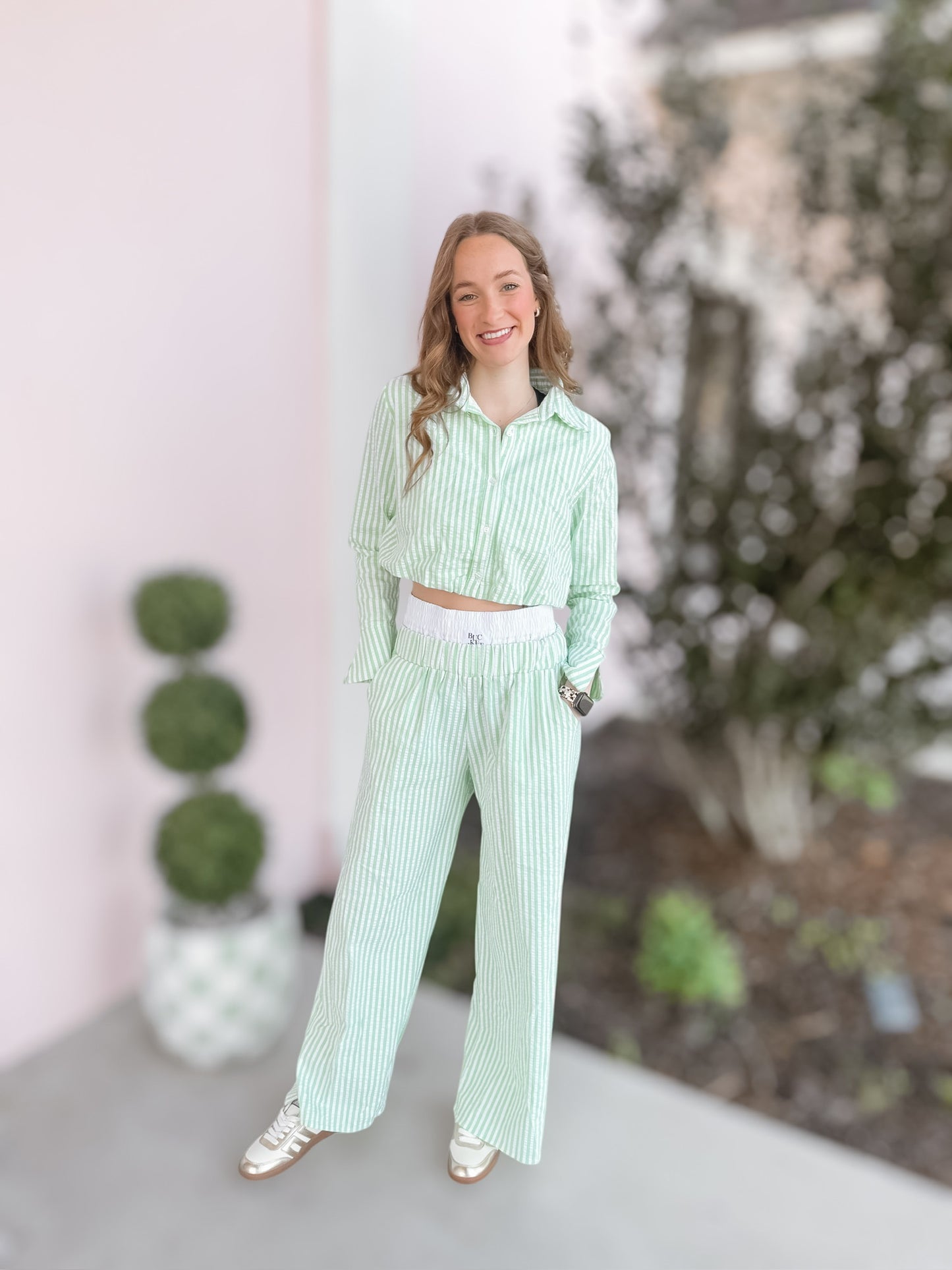 Sage Striped Seersucker Crop Shirt Top