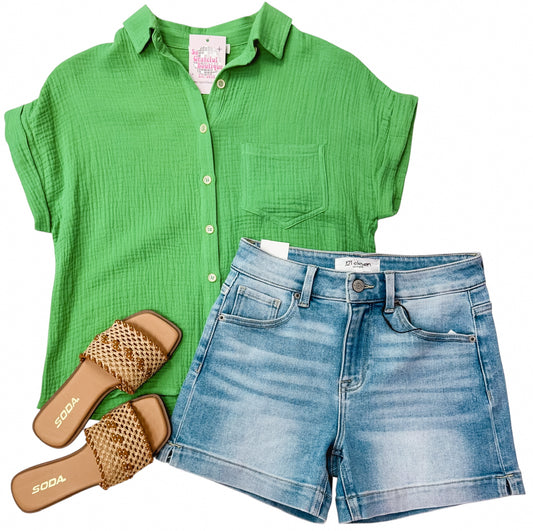 Gameon Green Gauze Button Up Blouse