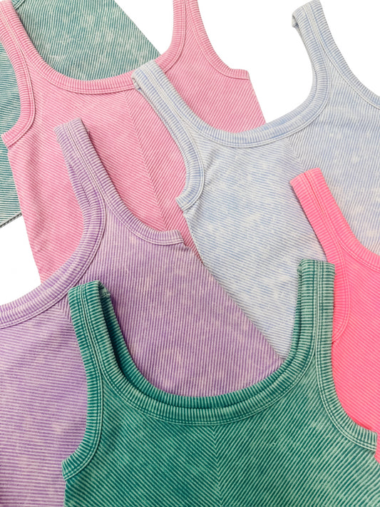 Stone Washed Ribbed Sleeveless Bra Tank Spring Blue