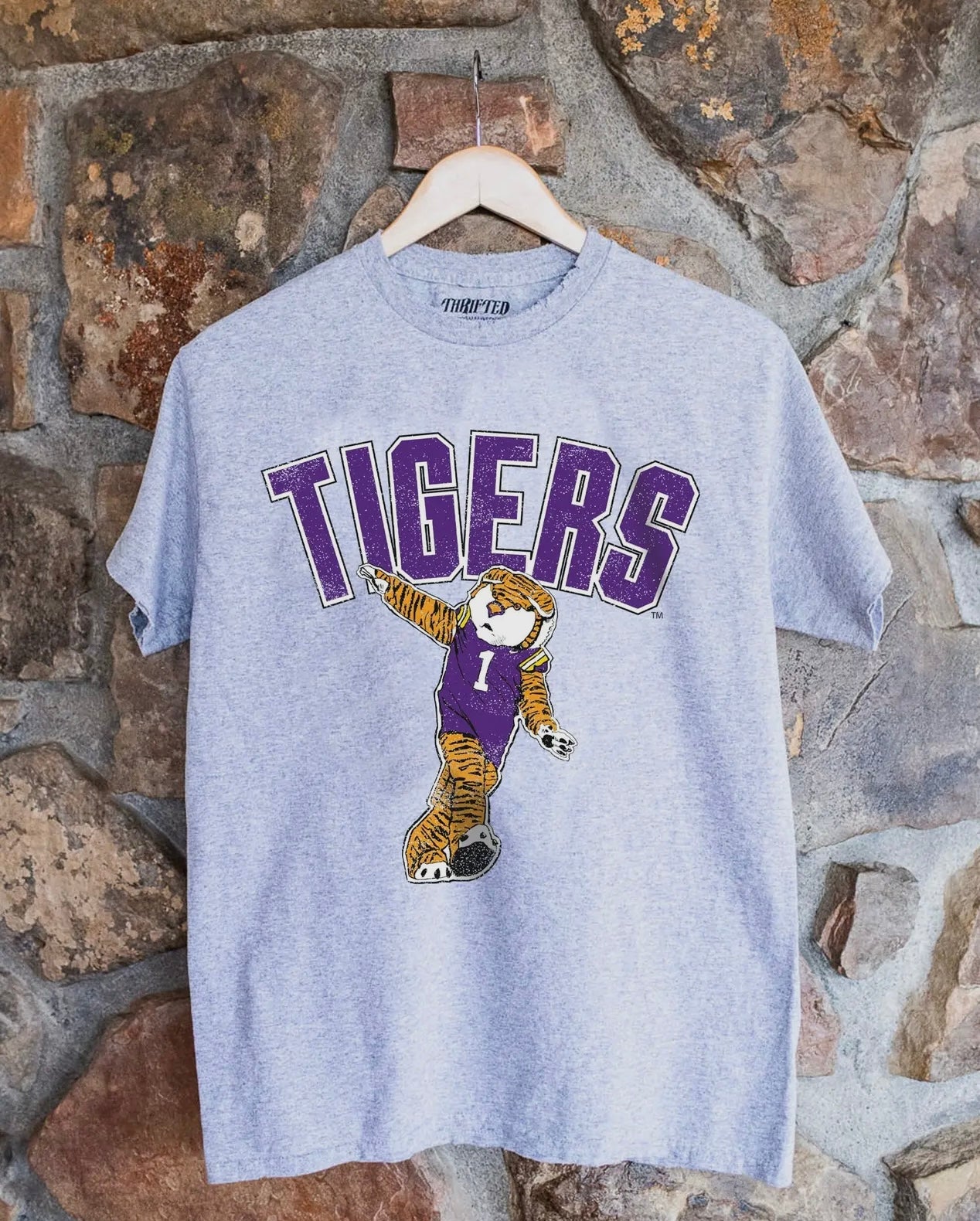 LSU Tigers Cartoon Mascot Puff Ink Grey Thrifted Tee