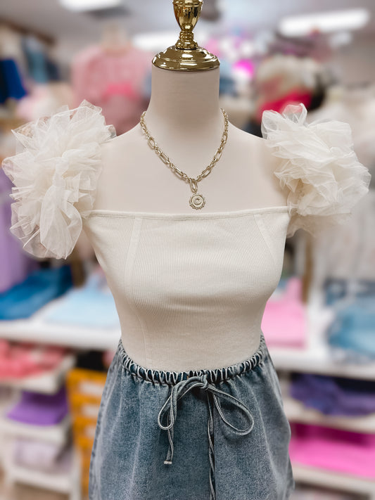 Frills & Thrills Ivory Off Shoulder Knit Top