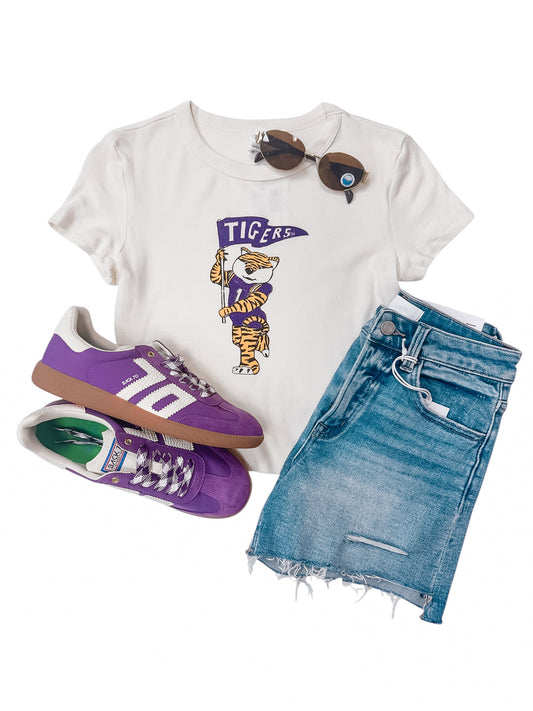 LSU Tigers Mascot Flag Off White Micro Cropped Tee