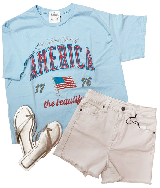 4th of July USA America Wave Arch Light Blue Thrifted Tee