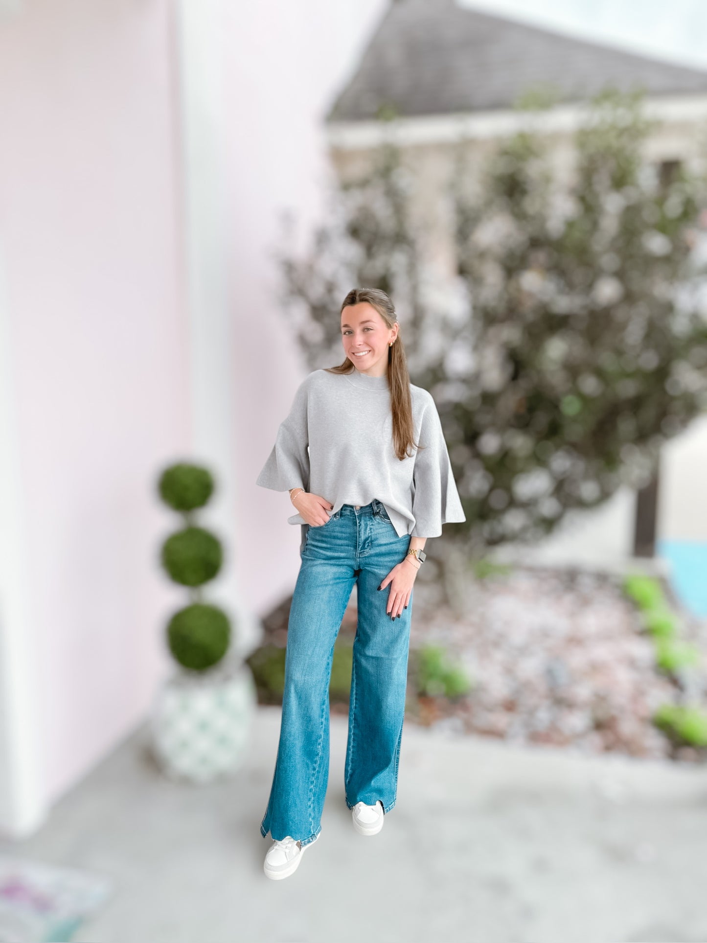 Heather Grey Belle Sleeve Sweater