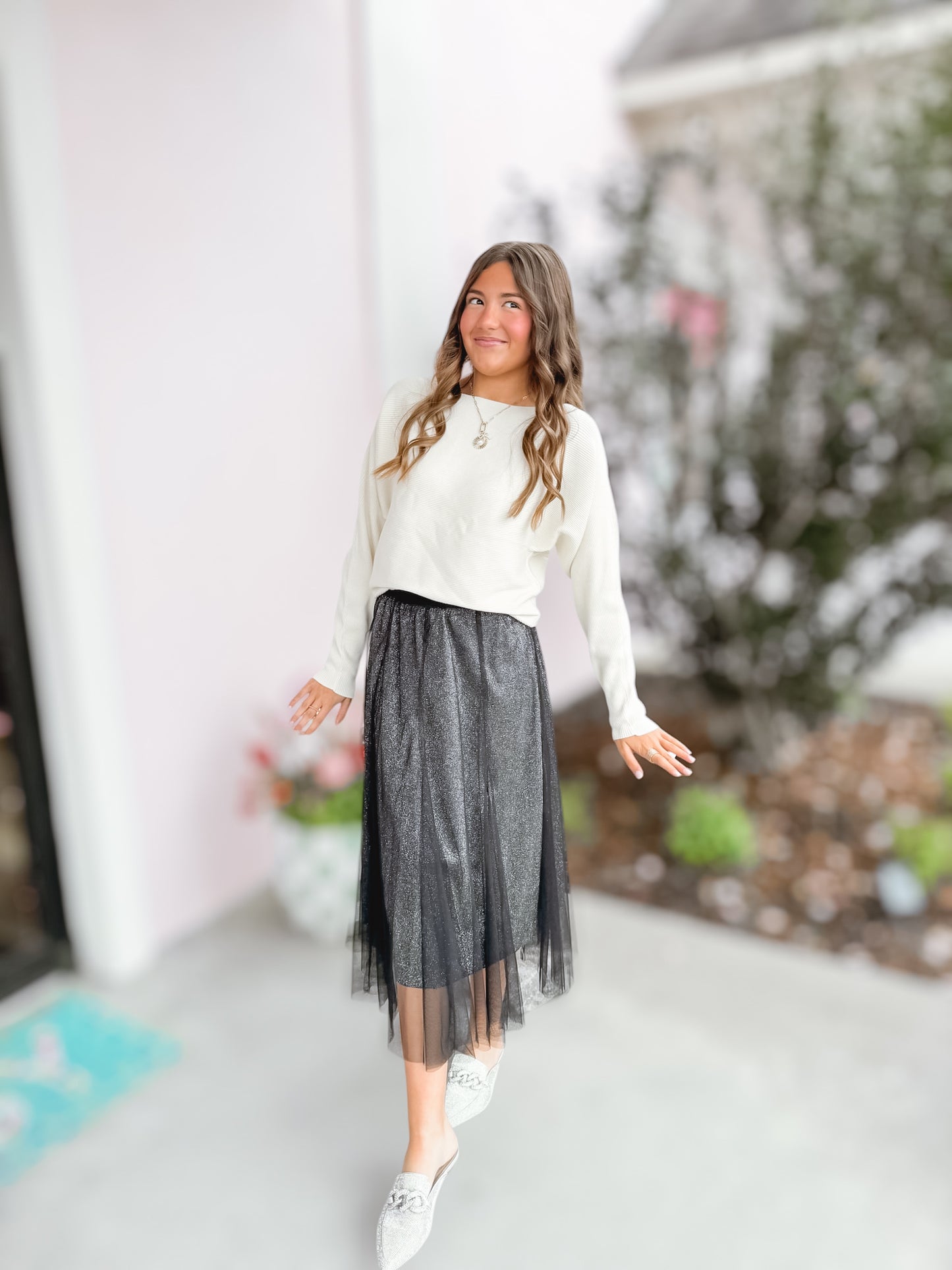 Black Ombre Glitter Mesh Midi Skirt