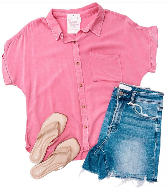 Taffy Pink Mineral Washed SS Button Up