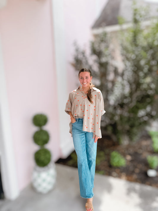 Orange Wildflower Button Up Blouse