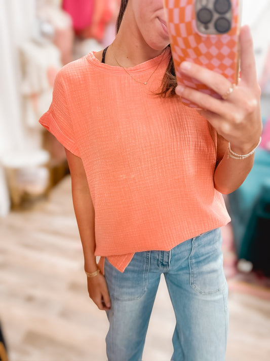 Too Good Gauze Acid Washed SS Top Coral