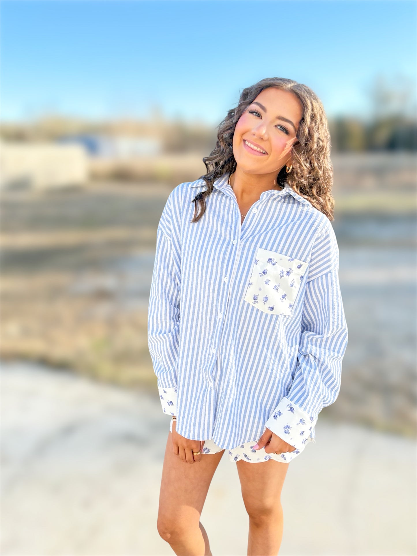 Floral Contrast Detail Button-Down Shirts