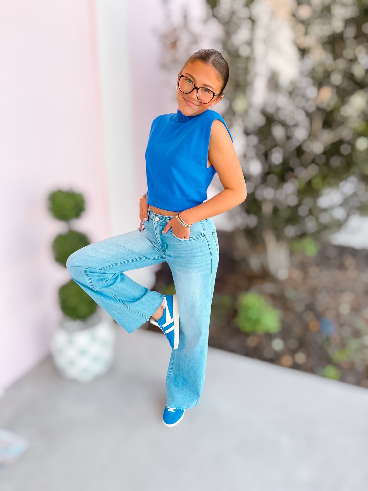 Coastal Blue Sleeveless Mock Neck Sweater