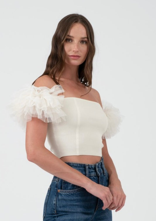 Frills & Thrills Ivory Off Shoulder Knit Top