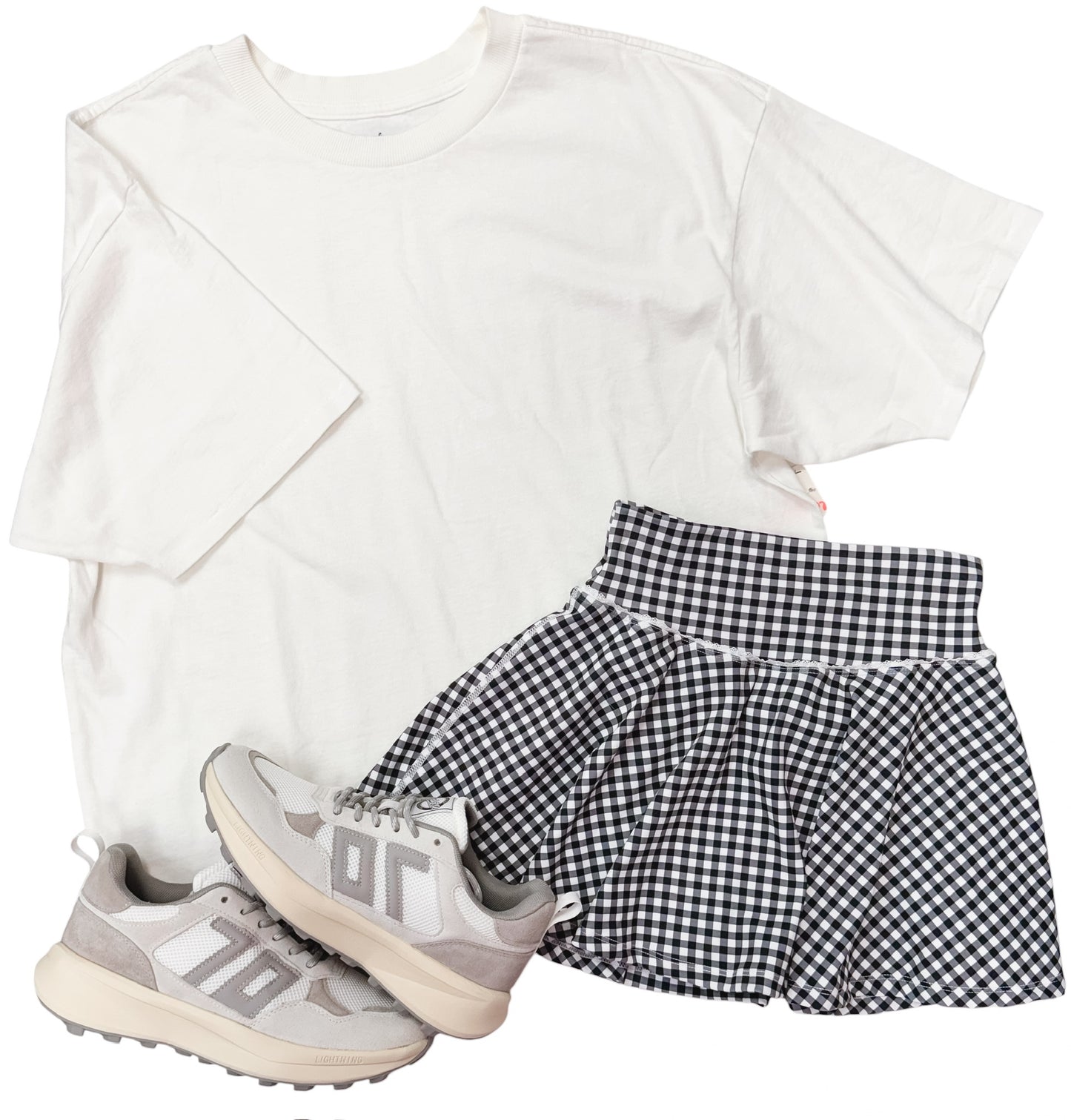 Black Gingham Print Mini Circle Skort with Bow Back and Lace Trim