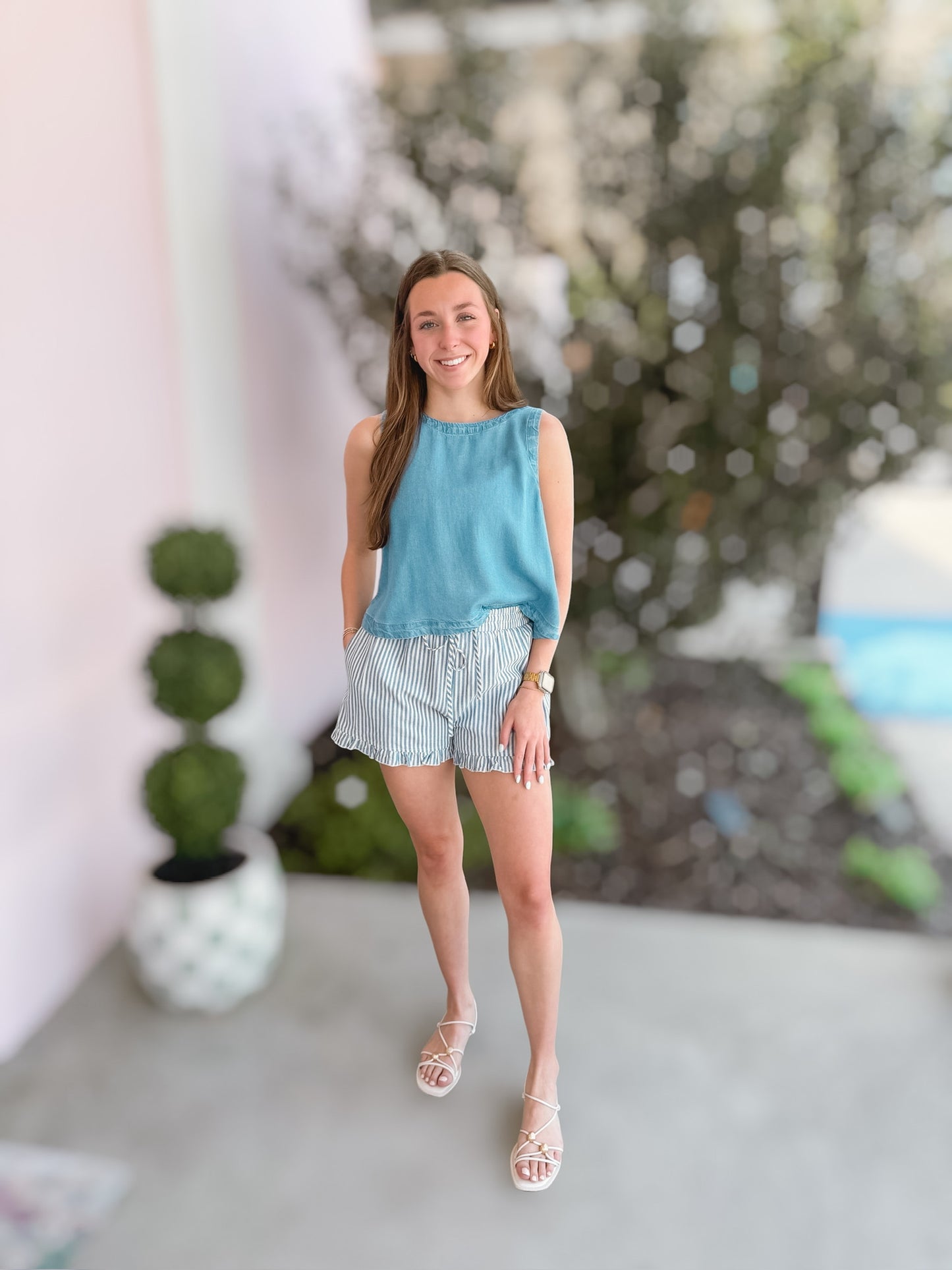 Blue Striped Ruffle Shorts