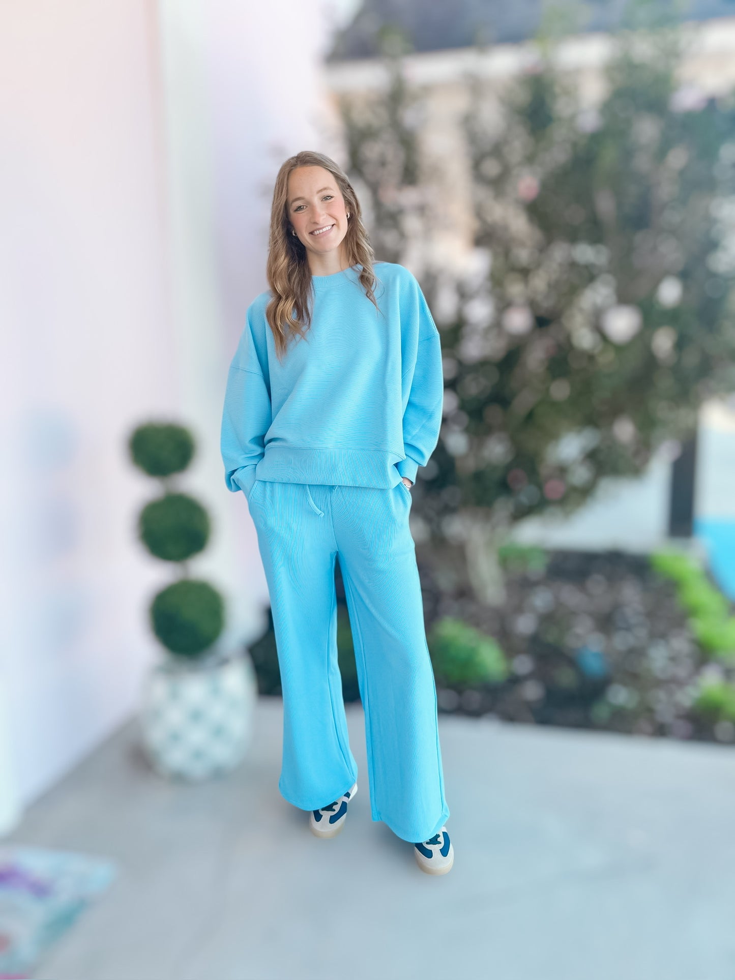 Corn Flower Blue Ribbed Pants Set