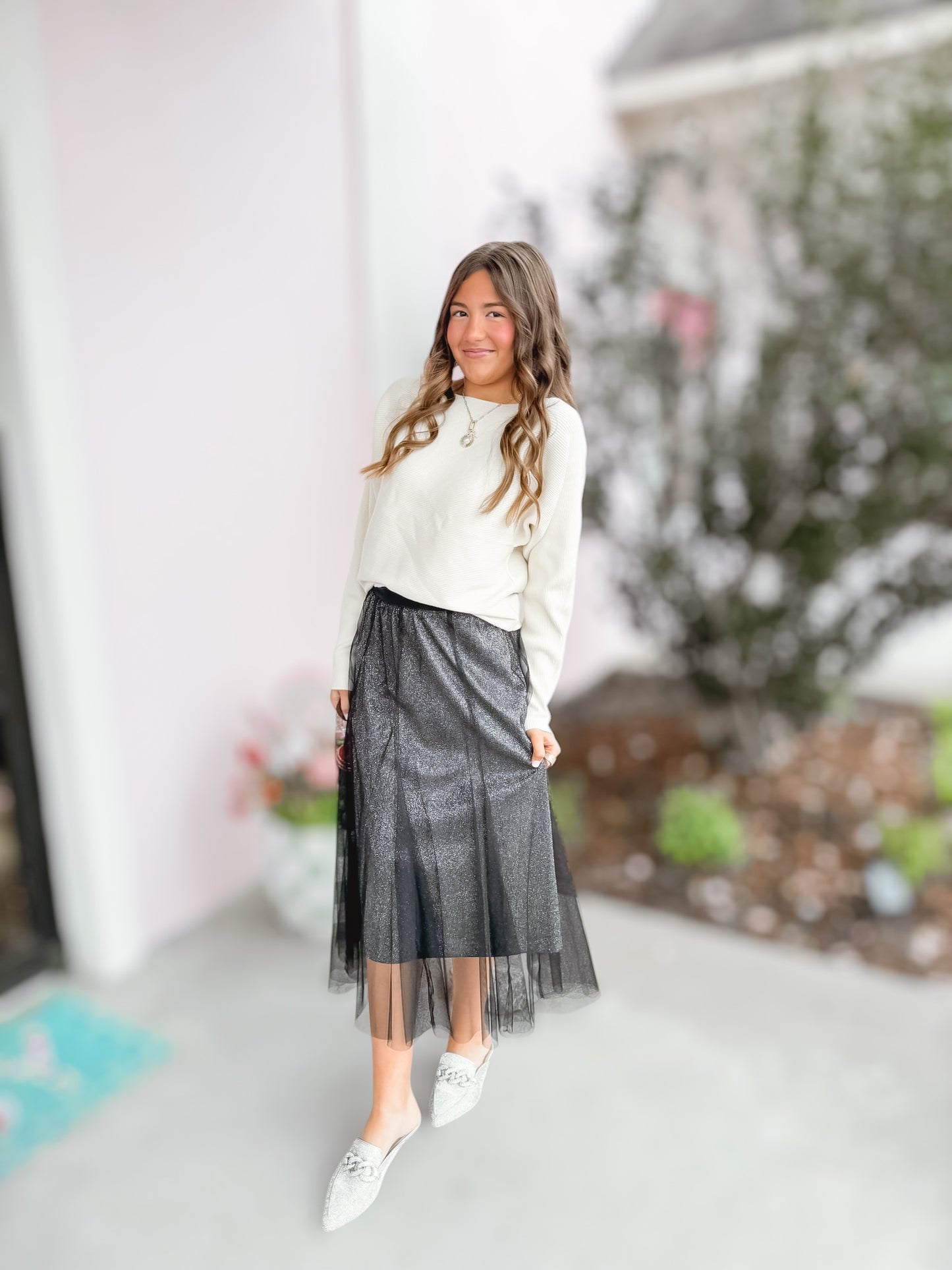 Black Ombre Glitter Mesh Midi Skirt